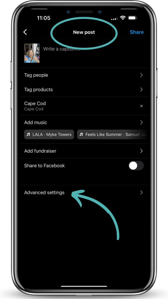 Teal arrow pointing to Advanced Settings