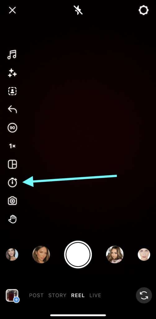 Screenshot of creating a new Reel screen with an arrow pointing at the timer icon
