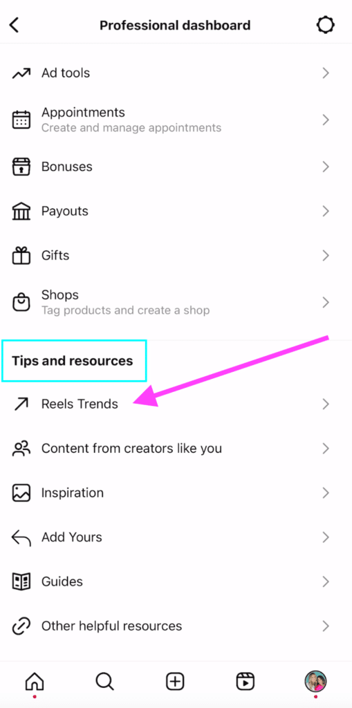 Professional Dashboard on Instagram displayed to find Tips and Resources for Reels Trends