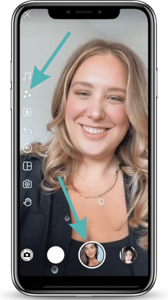 Phone screen showing Morgan smiling on the create a Reel page with an arrow pointing to the effects icon
