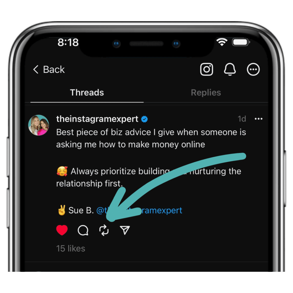 Thread App screen with arrow pointing to message icon to reply to a message