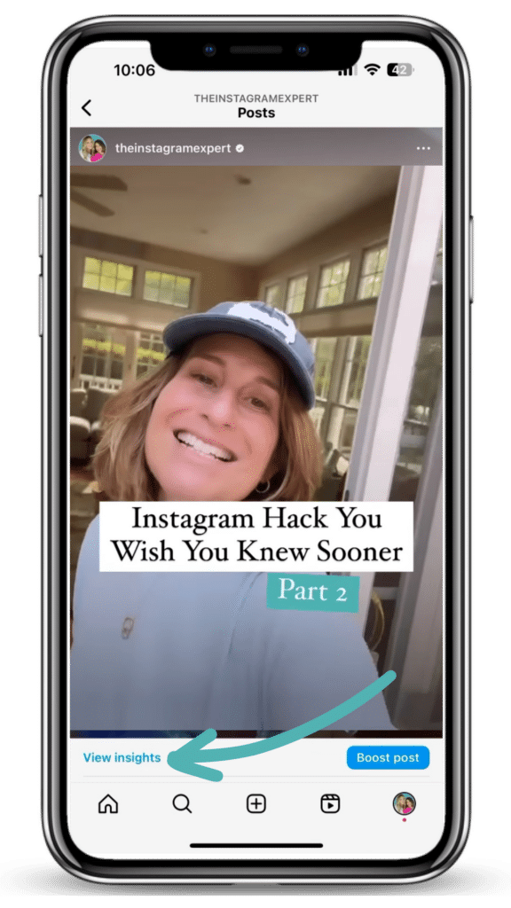Sue B smiling in Instagram Reel with arrow pointing to the View Insights option on post