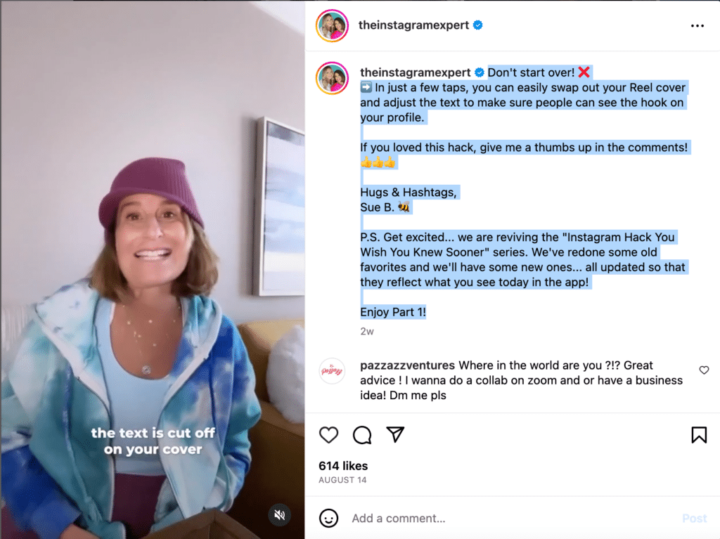 Photo of instagram post from desktop view with highlighted to copy description of post