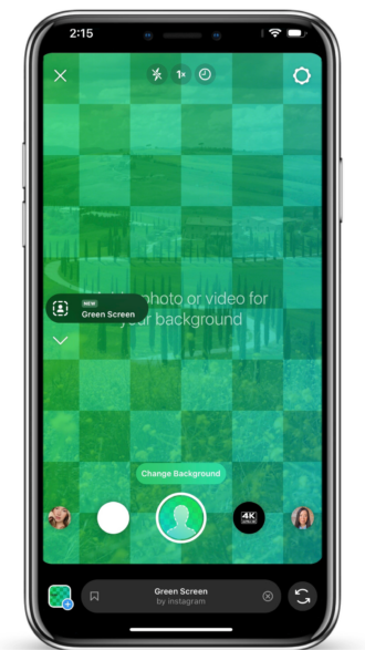 Phone screen with green screen feature. Checkered green background
